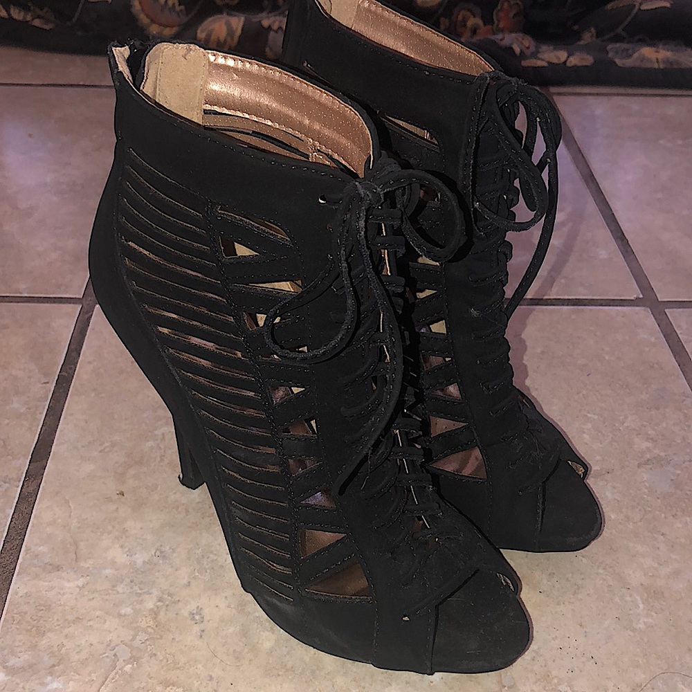 Black tie up stiletto peep toe heels women size 7